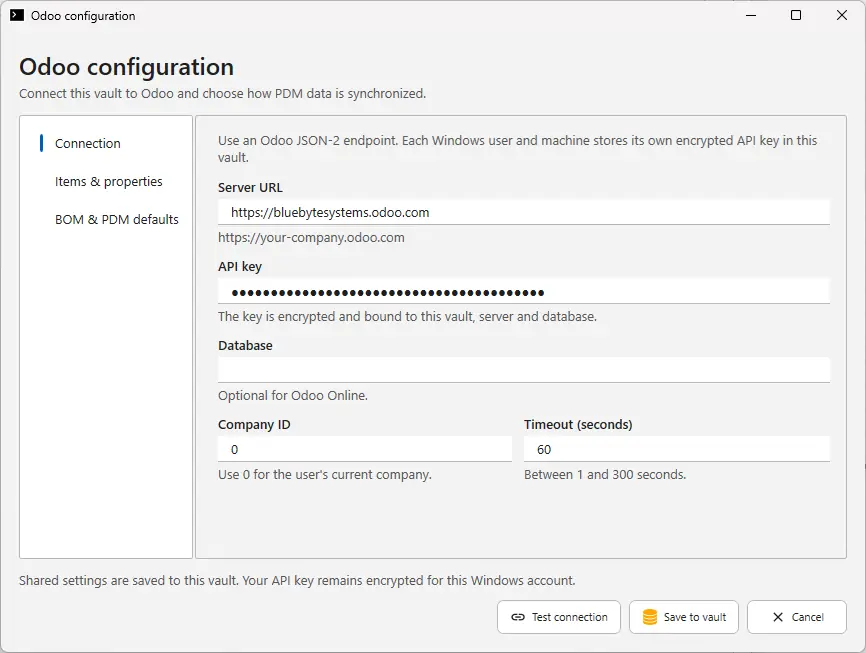 PDMShell Odoo configuration, Connection page with server URL, API key, database, company ID and timeout
