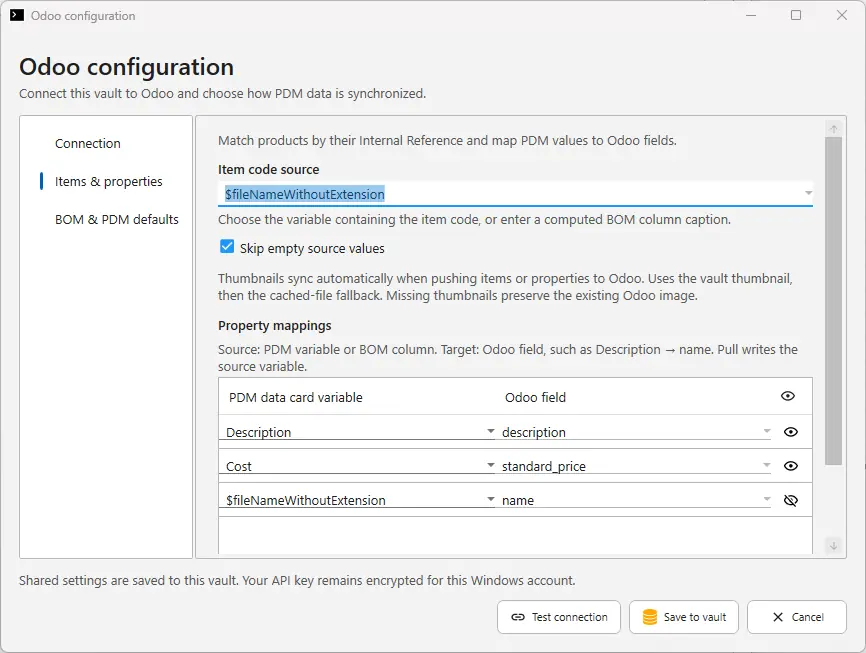 PDMShell Odoo configuration, Items and properties page with item code source and property mappings