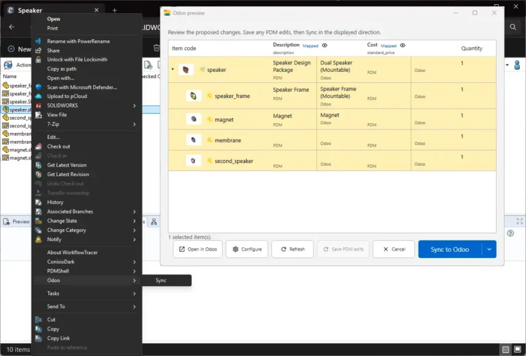 PDMShell Odoo preview window in SOLIDWORKS PDM Explorer