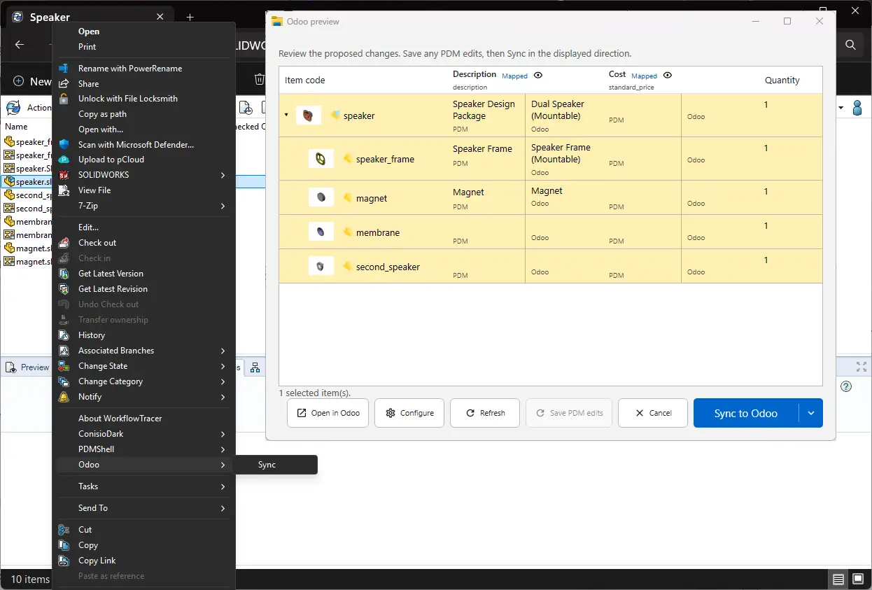 PDMShell Odoo preview window in SOLIDWORKS PDM Explorer showing PDM and Odoo values side by side