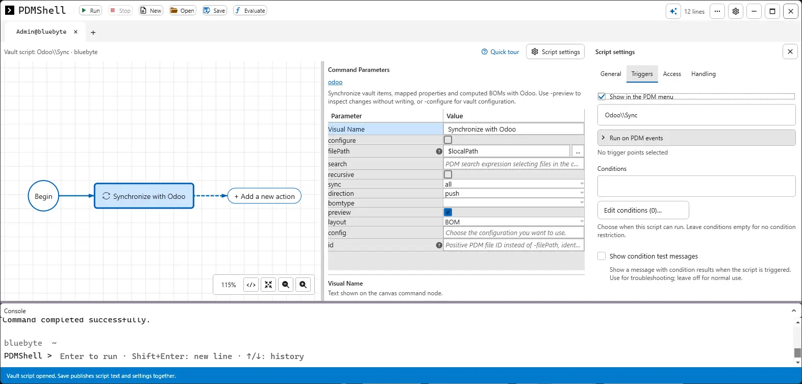 PDMShell visual editor with a Synchronize with Odoo action and script settings showing it in the PDM menu