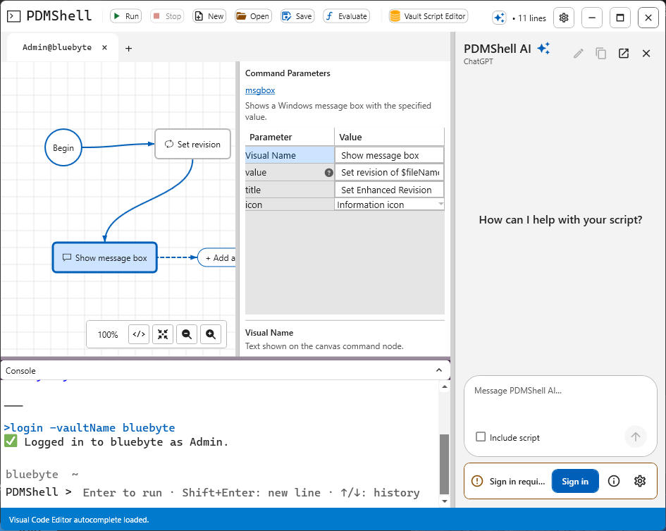 PDMShell visual script editor with the console and the PDMShell AI panel