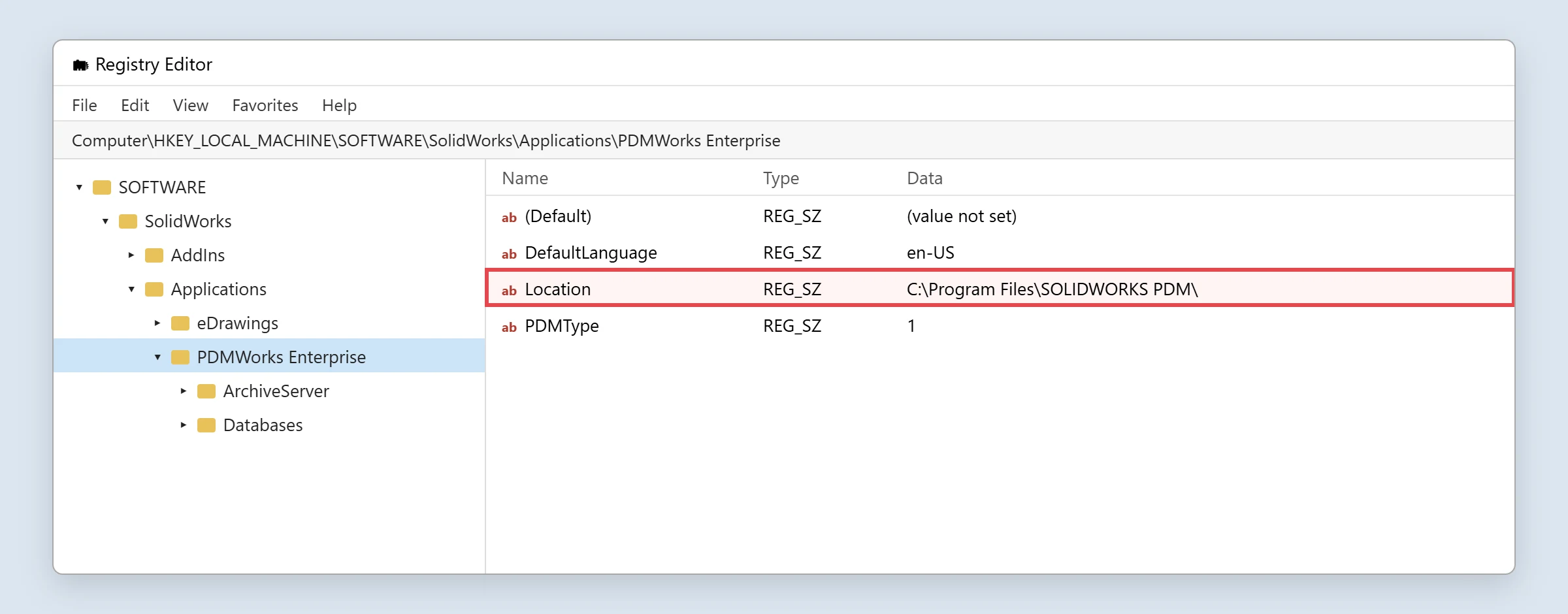 The Location value holds the SOLIDWORKS PDM client install folder.