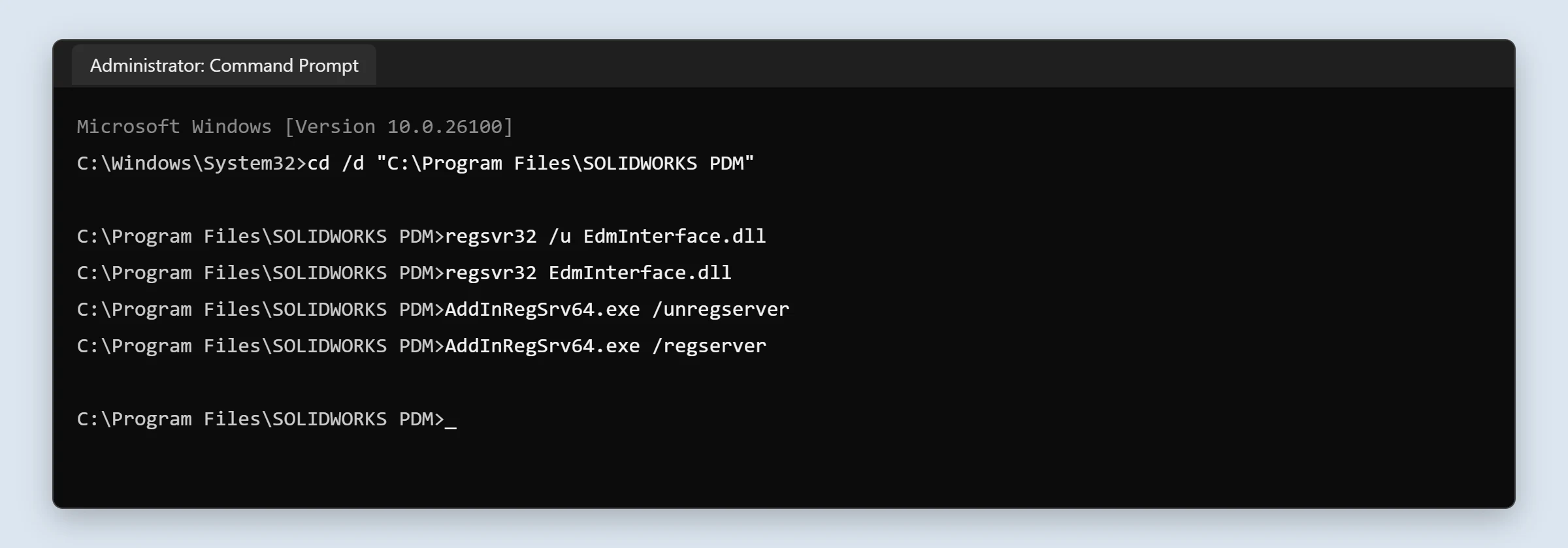 Re-registering EdmInterface.dll and AddInRegSrv64.exe from an administrator Command Prompt.