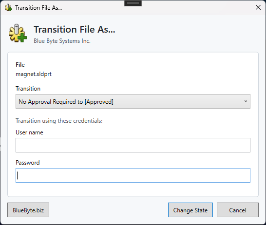 Transition File As dialog in SOLIDWORKS PDM with transition and credentials