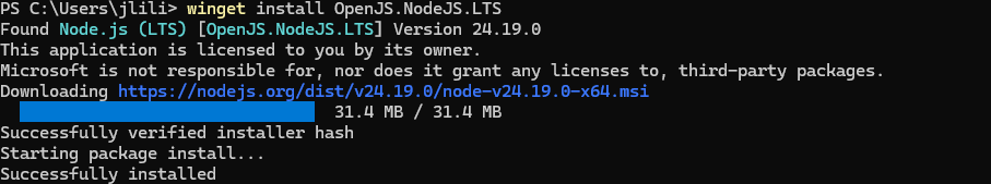 Installing Node.js LTS with winget in PowerShell