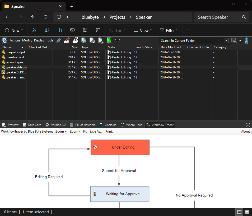 WorkflowTracer tab in SOLIDWORKS PDM File Explorer showing the file workflow